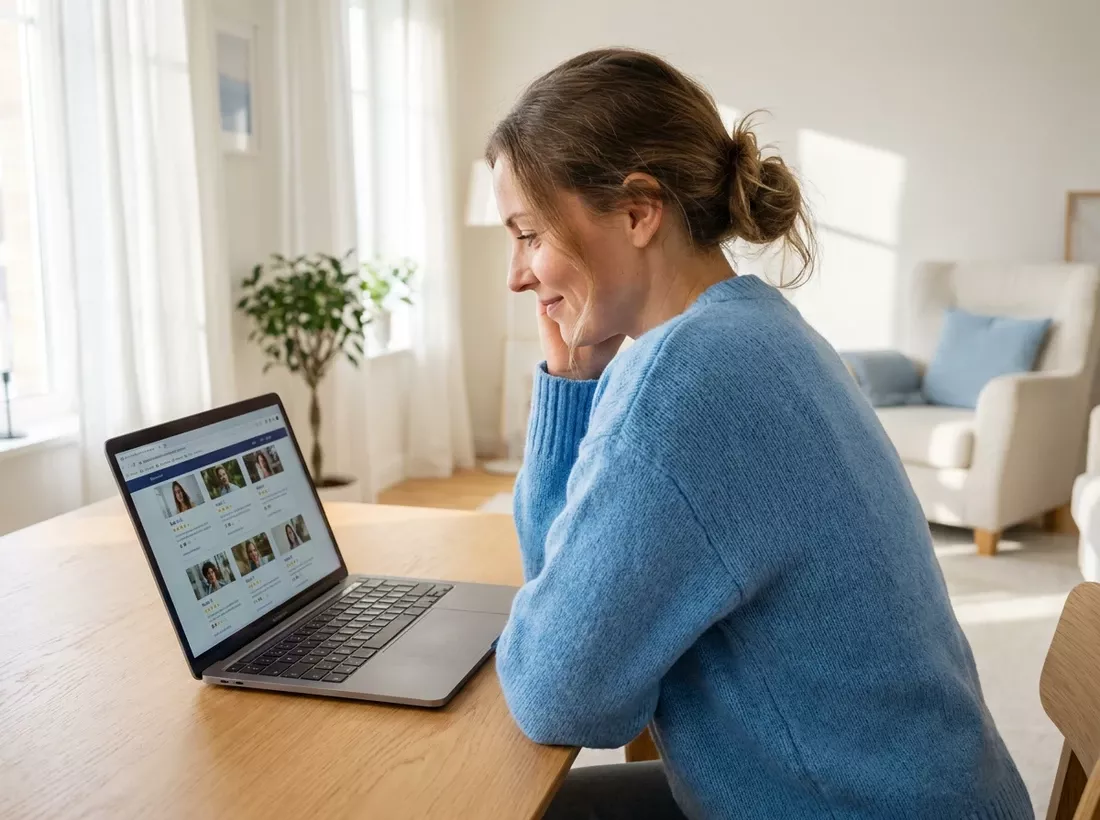 Kobieta przeglądająca profile lektorów języka niemieckiego na laptopie — wybór nauczyciela online niezależnie od miejsca zamieszkania